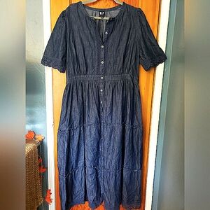 GAP Denim Lace Midi Dress Sz Large